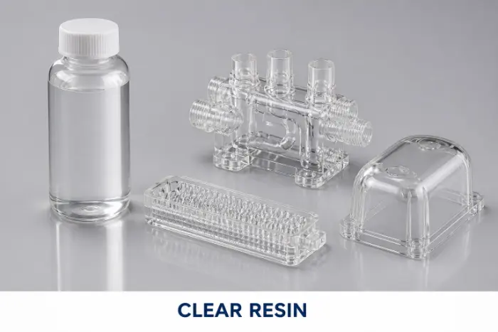 Clear Resin material and sample parts for 3D printing