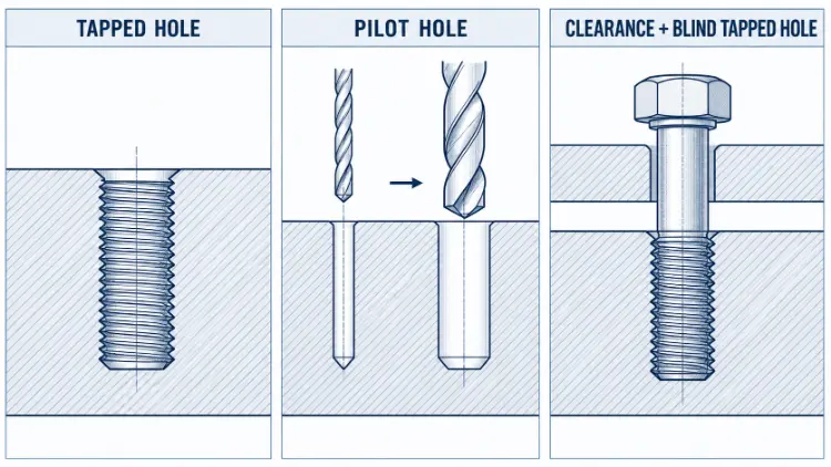tapped hole vs pilot hole vs clearance blind tapped hole