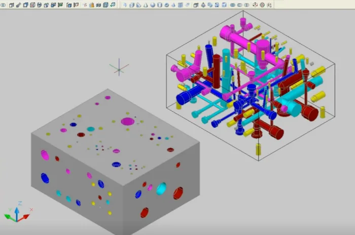CAD model showing internal hydraulic manifold passages