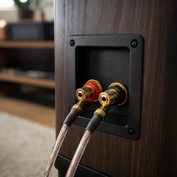 Gold-plated binding posts on a Hi-Fi speaker