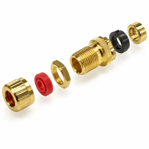 Exploded assembly of a gold-plated speaker terminal