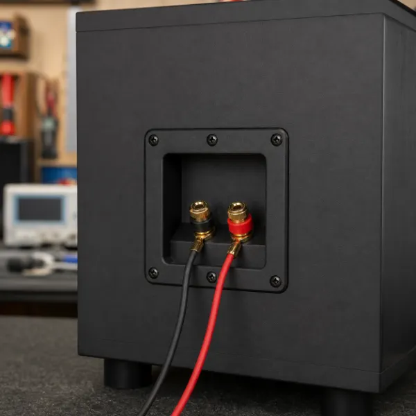 Subwoofer terminal cup with red and black binding posts