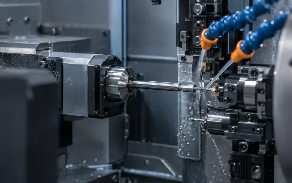 Swiss CNC lathe machining a slender precision shaft