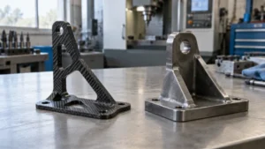 Carbon fiber and steel CNC machined brackets in a workshop