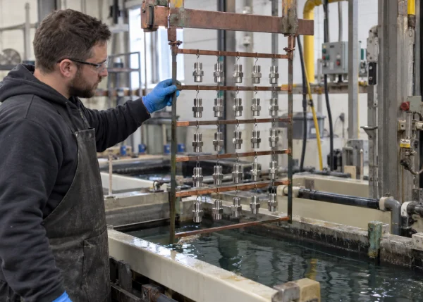 Racked metal components at an electrolytic nickel plating line