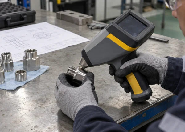 Technician checking nickel coating thickness on a machined fitting