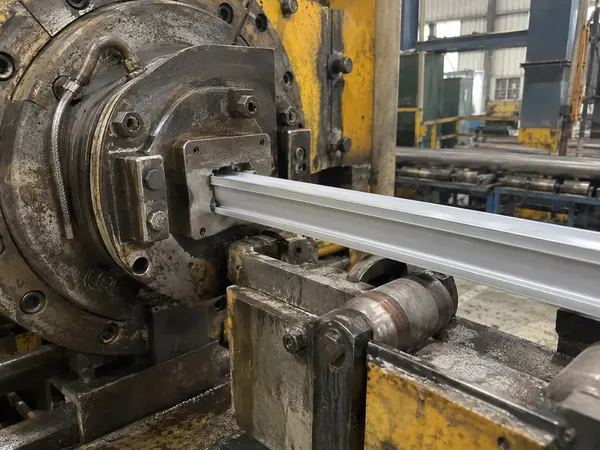 Aluminum profile emerging from an extrusion die