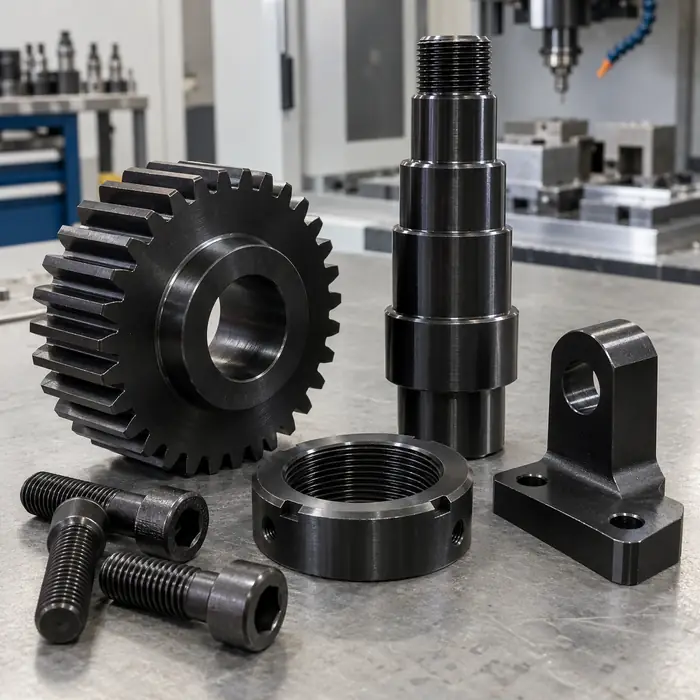 Black oxide coated CNC-machined metal gears shafts and fasteners