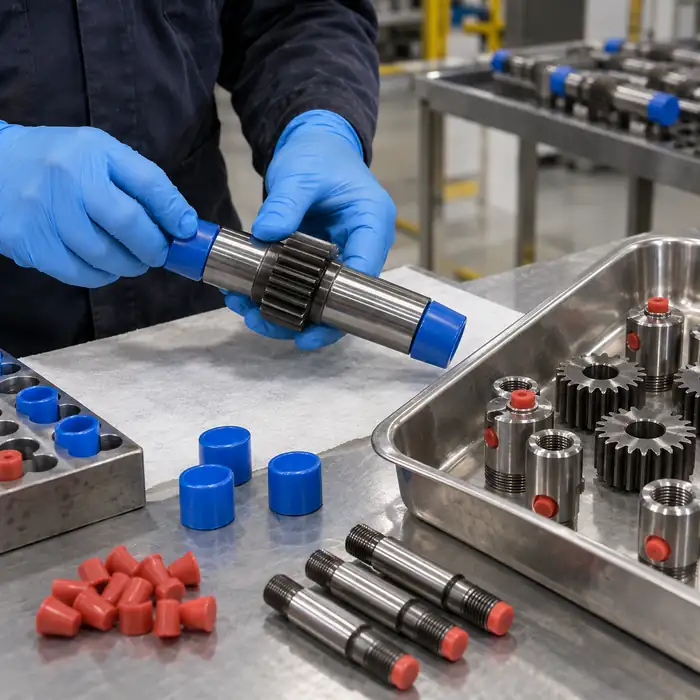 Technician preparing masked steel parts for black oxide coating