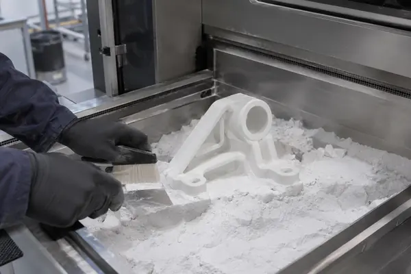 SLS 3D printed nylon bracket in a powder bed
